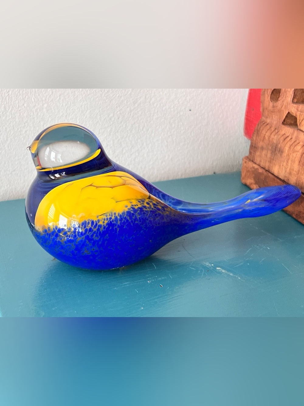 Bonnie Houston Signed Art Glass Bird Sculpture Cobalt & Yellow